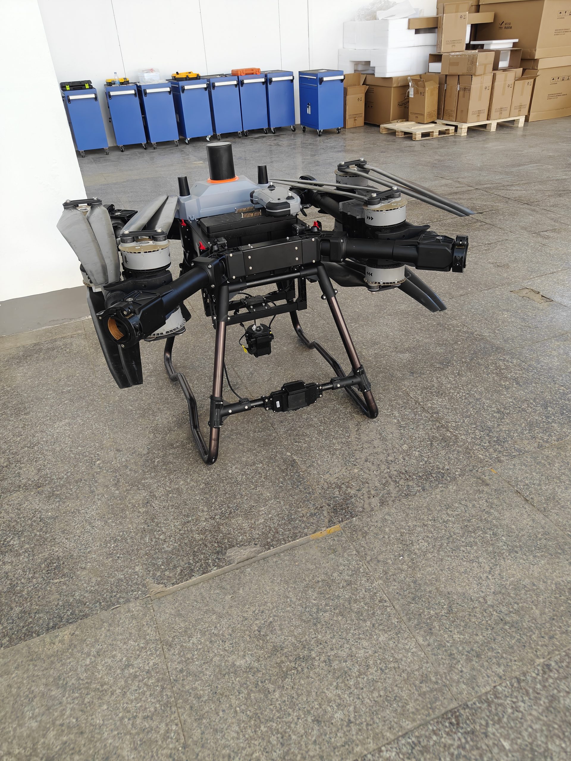 S150 drone ready for takeoff in a warehouse
